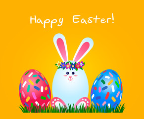 Bright greeting card with an inscription Happy Easter. Easter bunny in the form of eggs.