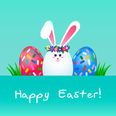 Bright greeting card with an inscription Happy Easter. Easter bunny in the form of eggs.