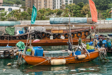 Hong Kong, China  - May 12, 2010: Closeup of orange garden sloop of houseboat docked in harbor. Green vegetation in back..