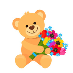 Funny character Teddy Teddy holds in his paws a bouquet of flowers from tulips. The concept of Valentine's Day, wedding, March 8, mother's day.