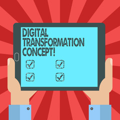 Conceptual hand writing showing Digital Transformation Concept. Business photo text Going paperless Use of digital technology Hu analysis Hand Holding Tablet Smartphone Display Unit photo