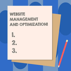 Conceptual hand writing showing Website Management And Optimization. Business photo showcasing SEO optimizing online contents Stack of Different Pastel Color Construct Bond Paper Pencil