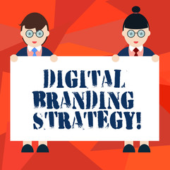 Word writing text Digital Branding Strategy. Business concept for develop a brand over a range of digital venues Male and Female in Uniform Standing Holding Blank Placard Banner Text Space