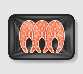 Salmon in plastic tray container with cellophane cover. Mockup template for your design. Plastic food container. Vector illustration.