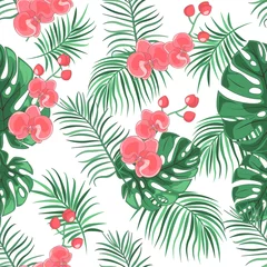 Foto op Plexiglas anti-reflex Exotic wild floral print. Tropical vector seamless flower and  wild flora. Blooming wild print, seamless floral pattern. For wallpaper, backgrounds, textile, fabric printing. Vector illustration. © diluck