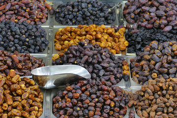 Traditional dates market with variety of fresh fruit, United Arab Emirates