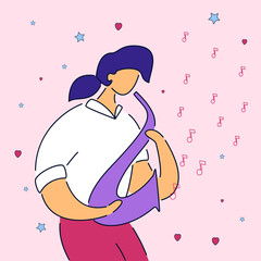 Modern cartoon flat character musical band saxophone player,vector hand drawn style.Musician man with saxophone instrument playing music,jazz,rock,blues on notes hearts background