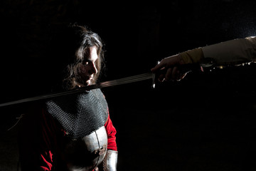 Knighting Ceremony-Brave Young Man Becoming  Knight, Black Background