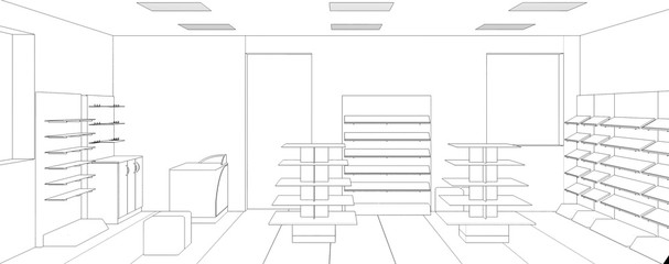 shop, mall, shopping mall, contour visualization, 3D illustration, sketch, outline