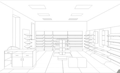 shop, mall, shopping mall, contour visualization, 3D illustration, sketch, outline