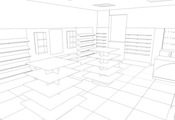 shop, mall, shopping mall, contour visualization, 3D illustration, sketch, outline