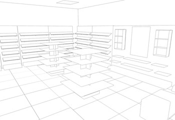 shop, mall, shopping mall, contour visualization, 3D illustration, sketch, outline