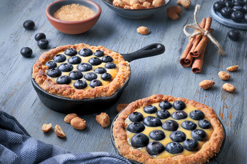 Delicious Blueberry tartlets with vanilla custard cream on light blue rustic background