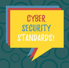 Writing note showing Cyber Security Standards. Business photo showcasing Rules for organizational info security standards Stack of Speech Bubble Different Color Piled Text Balloon