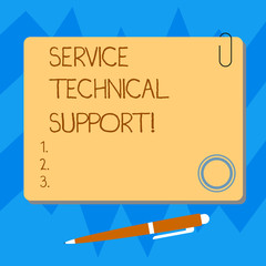 Word writing text Service Technical Support. Business concept for services that entities provide to users of product Blank Square Color Board with Magnet Click Ballpoint Pen Pushpin and Clip