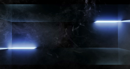 Alien Sci Fi Modern Futuristic Dark Empty Reflective Metal Room With Neon Laser Led Glowing White Blue Lines And Smoke Fog Atmosphere 3D Rendering