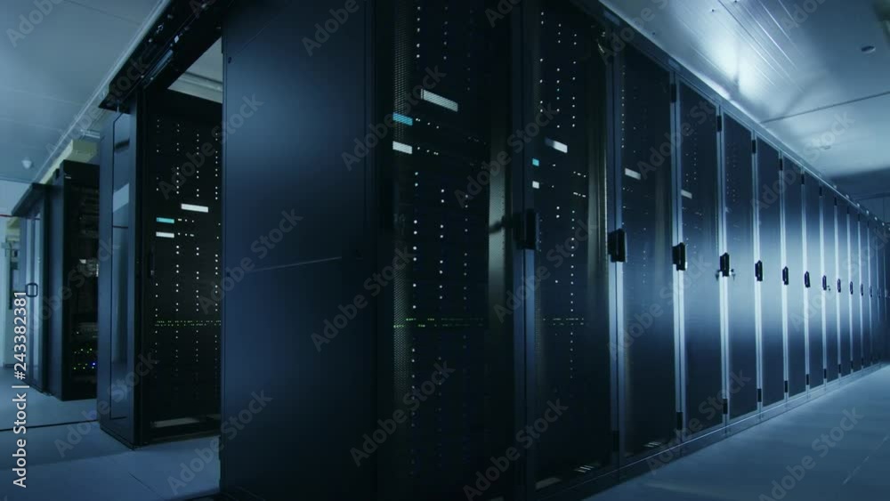 Aufkleber Camera Walkthrough Shot of a Working Data Center With Rows of Rack Servers. Led Lights Blinking and Computers are Working. Room is Dark.