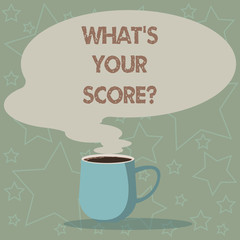Conceptual hand writing showing What S Is Your Scorequestion. Business photo showcasing asking about the real facts of a situation Mug of Hot Coffee with Blank Color Speech Bubble Steam icon
