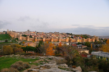 Avila, Spain - November 15, 2018: Panoramic view of the city of Avila and its wall.