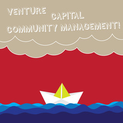 Word writing text Venture Capital Community Management. Business concept for Private equity capital analysisagement Wave Heavy Clouds and Paper Boat Seascape Scene photo Blank Copy Space