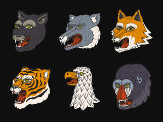 Head of Wild Animal Predator. Puma Wolf Fox Tiger Eagle Falcon Monkey Face. Japanese Style Portraits. Hand drawn Engraved Monochrome Old Sketch for retro logos. Close up.