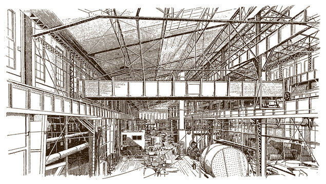 Interior view of a historical forge shop or factory building (after an engraving or etching from the 19th century)