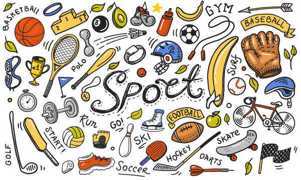 Set of sport icons doodle style. Equipment for fitness and training. Symbols of health and activity. Tennis and football, basketball. Games for the gym and physical education. Background for web site.