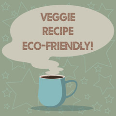 Conceptual hand writing showing Veggie Recipe Eco Friendly. Business photo showcasing Living Green Vegan diet Using organic ingredients Mug of Hot Coffee with Blank Color Speech Bubble Steam icon