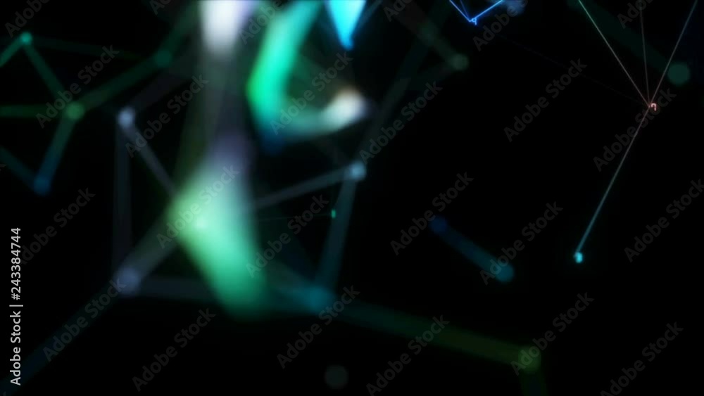 Poster disappearing network.network connection background, rotating flickering cool blue light mesh cloud o