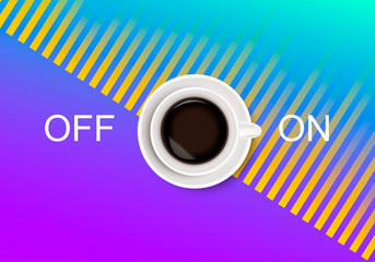 A realistic cup of coffee and abstract On Off switcher on bright blue and purple background with sound wave equalizer. - 243385576