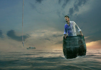 Castaway Man Sailing in Wooden Barrel Saved by Rope from Heaven