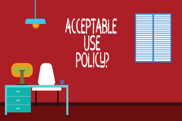 Text sign showing Acceptable Use Policyquestion. Conceptual photo set of rules applied by the owner of a network Work Space Minimalist Interior Computer and Study Area Inside a Room photo