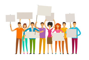 Fototapeta premium Crowd of happy people with posters on the procession. Parade, public activity concept. Vector illustration