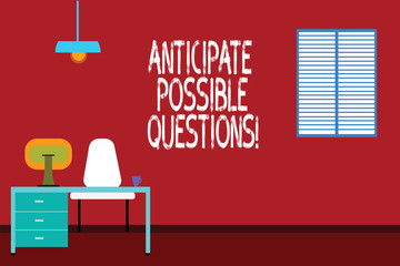 Text sign showing Anticipate Possible Questions. Conceptual photo Expect or look forward for an interrogation Work Space Minimalist Interior Computer and Study Area Inside a Room photo