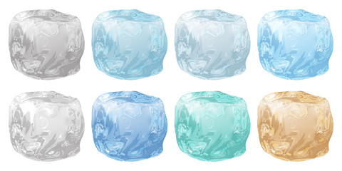 Set of realistic opaque ice cubes in various colors on white background