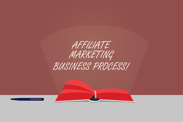 Word writing text Affiliate Marketing Business Process. Business concept for Modern advertising social media ways Color Pages of Open Book photo on Table with Pen and Light Beam Glaring