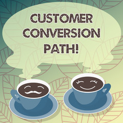 Conceptual hand writing showing Customer Conversion Path. Business photo text steps that user went through over the website Cup Saucer for His and Hers Coffee Face icon with Steam