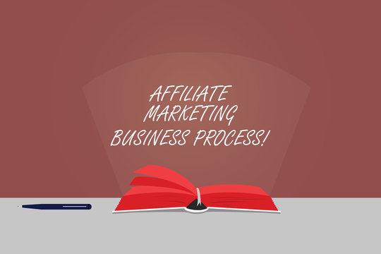 Word writing text Affiliate Marketing Business Process. Business concept for Modern advertising social media ways Color Pages of Open Book photo on Table with Pen and Light Beam Glaring