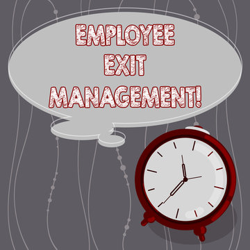 Text sign showing Employee Exit Management. Conceptual photo Separation process when an employee resign Blank Color Thought Speech Bubble with Outline and Alarm Clock photo