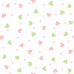 Chaotic scattered colored hearts and round dots. Cute seamless pattern. Simple romantic print. White, pink, green.
