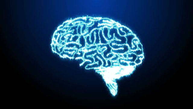 Human's brain appearing from the electricity wire on the dark blue background. Medical technology.