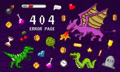 404 Error page not found. Pixel art 8 bit objects. Retro game assets. Set of icons. Vintage computer video arcades. Vector illustration. Background for web site.
