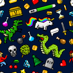 Pixel art 8 bit objects Seamless pattern. Retro game assets. Set of icons. Vintage computer video arcades. Characters dinosaur pony rainbow unicorn snake dragon monkey and coins, Winner's trophy.