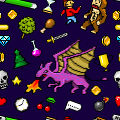Pixel art 8 bit objects Seamless pattern. Retro game assets. Set of icons. Vintage computer video arcades. Characters dinosaur pony rainbow unicorn snake dragon monkey and coins, Winner's trophy.