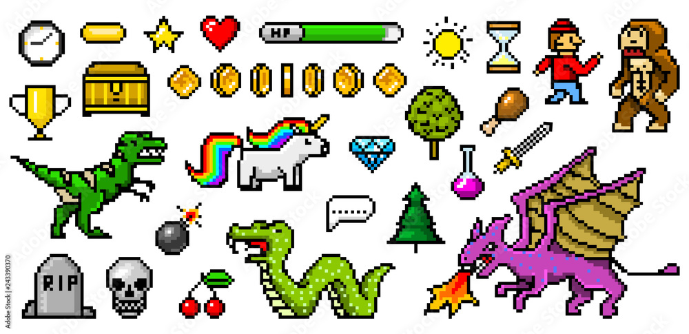 Fototapete Pixel art 8 bit objects. Retro game assets. Set of icons. Vintage computer video arcades. Characters dinosaur pony rainbow unicorn snake dragon monkey and coins, Winner's trophy. Vector illustration.