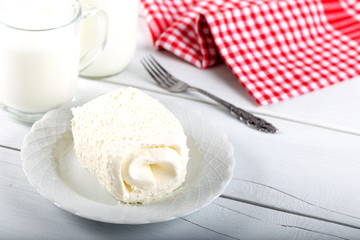 Clotted cream (butter cream) for Turkish breakfast / Kaymak and glass of milk