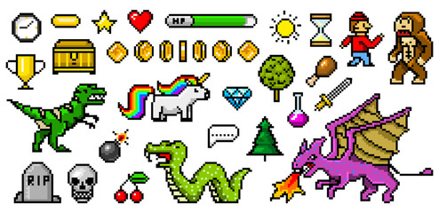 Pixel art 8 bit objects. Retro game assets. Set of icons. Vintage computer video arcades. Characters dinosaur pony rainbow unicorn snake dragon monkey and coins, Winner's trophy. Vector illustration.