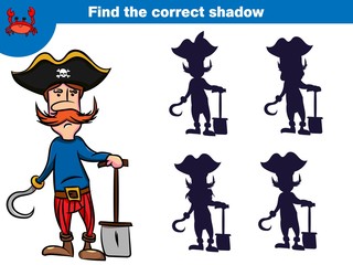 Find the correct shadow, education game for children. Set of cartoon pirate characters. Vector illustration