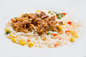 meat goulash with rice and vegetables