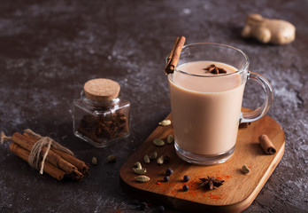 Masala chai tea on the dark background. Hot indian beverage with spices - obrazy, fototapety, plakaty